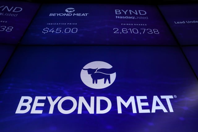 The company logo and trading information for Beyond Meat is displayed on a screen during the IPO at the Nasdaq Market site in New York, U.S., May 2, 2019. REUTERS/Brendan McDermid