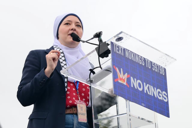 Georgia Representative Ruwa Romman attends a protest in Philadelphia, Pennsylvania on June 14, 2025.