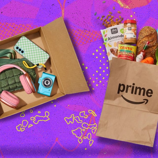 An Amazon shipping box and grocery bag on a colorful background.