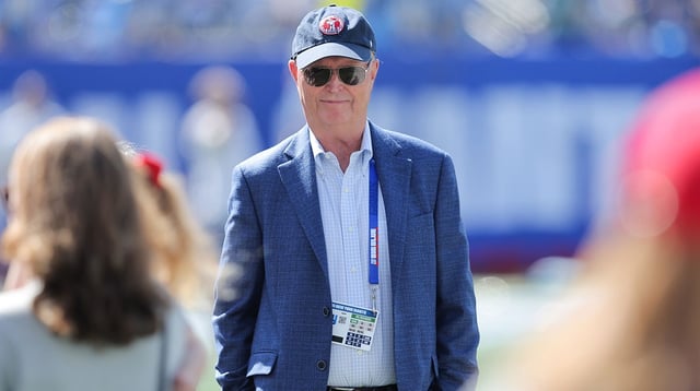 Sep 28, 2025; East Rutherford, New Jersey, USA; New York Giants co-owner John Mara looks on before the game against the Los Angeles Chargersat MetLife Stadium. Mandatory Credit: Brad Penner-Imagn Images