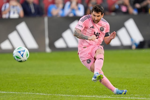 Inter Miami CF forward Lionel Messi kicks the ball on goal against Toronto FC at BMO Field on Sept. 27, 2025.
