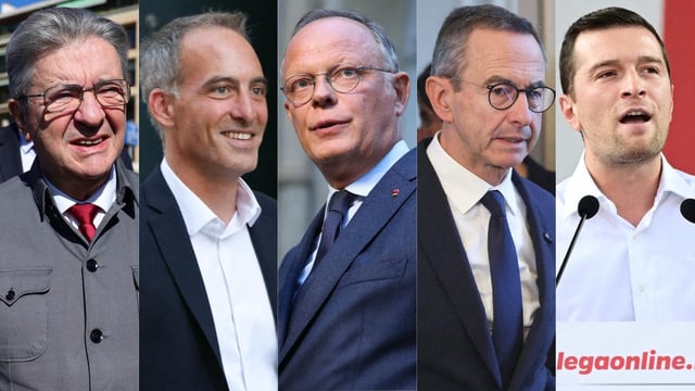 Jean-Luc Mélenchon (LFI), Raphaël Glucksmann (Place publique), Édouard Philippe (Horizons), Bruno Retailleau (LR) et Jordan Bardella (RN) (de gauche à droite).