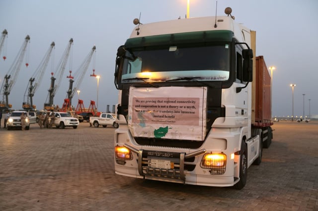 A truck transporting cargo from Afghanistan to be exported to India is seen in the southeastern Iranian coastal city of Chabahar on February 25, 2019