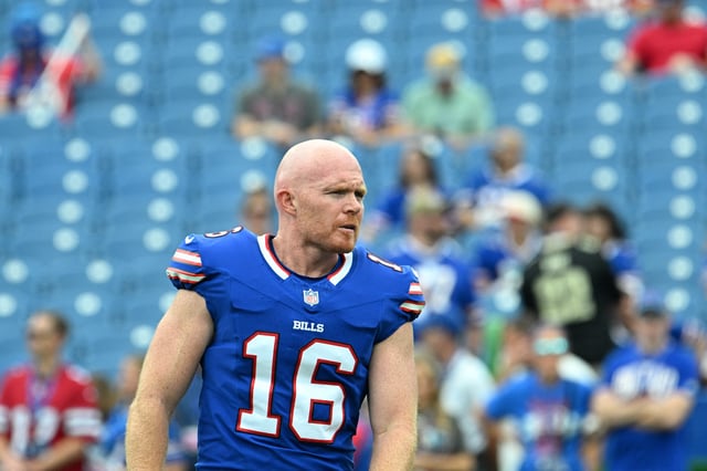 Sep 28, 2025; Orchard Park, New York, USA;  Buffalo Bills punter Cameron Johnston (16) warms up before a game against the New Orleans Saints at Highmark Stadium. Mandatory Credit: Mark Konezny-Imagn Images/ File Photo