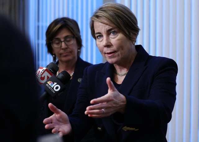 Boston, MA - Gov. Maura Healey takes questions from the media after the Solar Summit.