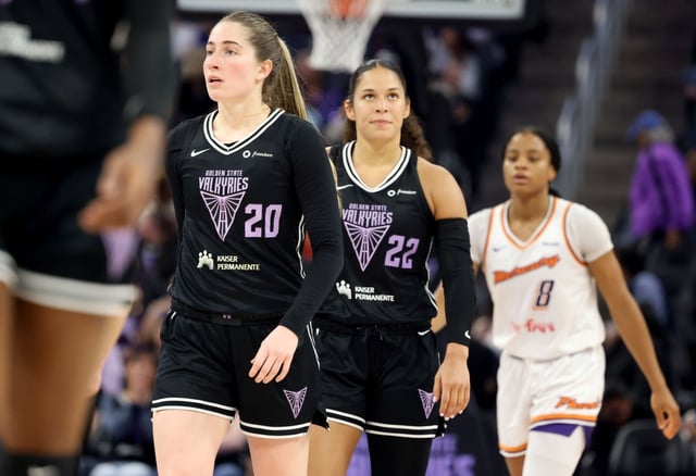Golden State Valkyries’ Kate Martin (20) and Golden State Valkyries’ Veronica Burton (22) look on after a foul against the Phoenix Mercury in the fourth quarter of a WNBA game at Chase Center in San Francisco, Calif., on Tuesday, May 19, 2025. (Ray Chavez/Bay Area News Group)