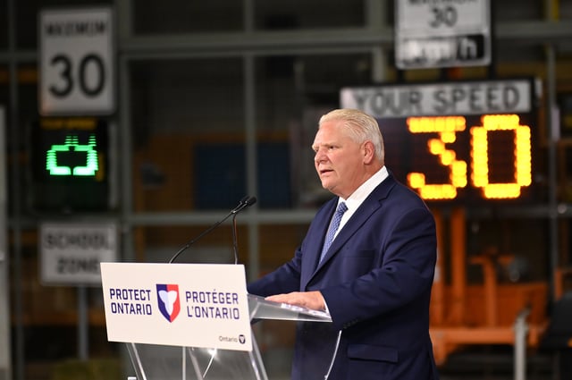 Premier Doug Ford speaks about roadway speed cameras at the Vaughan Joint Operations Centre in Vaughan, Ontario on Thursday, Sept. 25, 2025. 