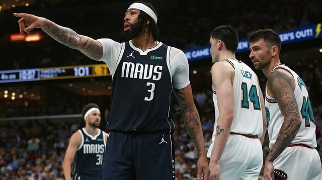 Apr 18, 2025; Memphis, Tennessee, USA; Dallas Mavericks forward Anthony Davis (3) reacts during the third quarter against the Memphis Grizzlies at FedExForum. Mandatory Credit: Petre Thomas-Imagn Images