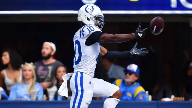 Sep 28, 2025; Inglewood, California, USA; Indianapolis Colts wide receiver Adonai Mitchell (10) drops the ball short of the goal line during the second half at SoFi Stadium. Mandatory Credit: Gary A. Vasquez-Imagn Images