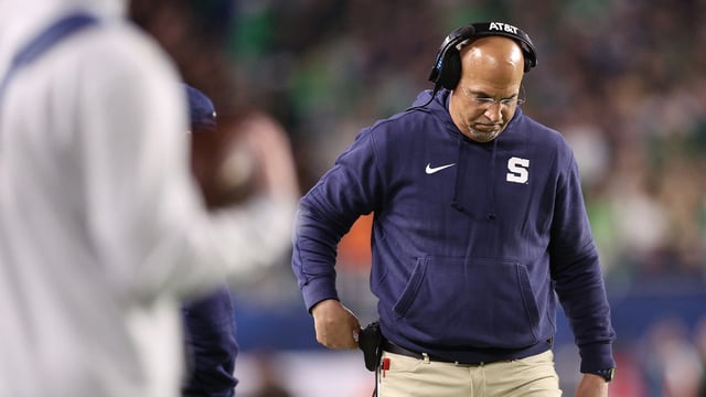 Jan 9, 2025; Miami, FL, USA; Penn State Nittany Lions head coach James Franklin reacts in the second half against the Notre Dame Fighting Irish in the Orange Bowl at Hard Rock Stadium. Mandatory Credit: Nathan Ray Seebeck-Imagn Images