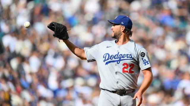 Sep 28, 2025; Seattle, Washington, USA; Los Angeles Dodgers starting pitcher Clayton Kershaw (22) during the sixth inning against the Seattle Mariners at T-Mobile Park. Mandatory Credit: Steven Bisig-Imagn Images