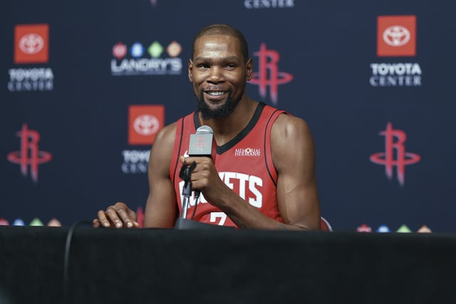 Sep 29, 2025; Houston, TX, USA;  Houston Rockets forward Kevin Durant (7) talks to media during Houston Rockets media day at Toyota Center. Mandatory Credit: Troy Taormina-Imagn Images