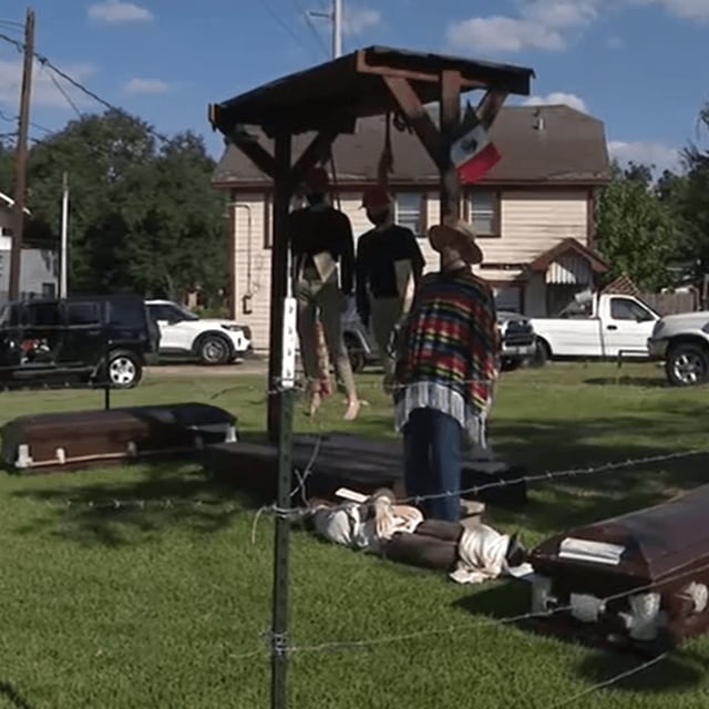 Mark Rodriguez has stirred controversy with his Halloween decorations, which he said were a political statement on immigration enforcement. (KPRC/CNN Newsource)