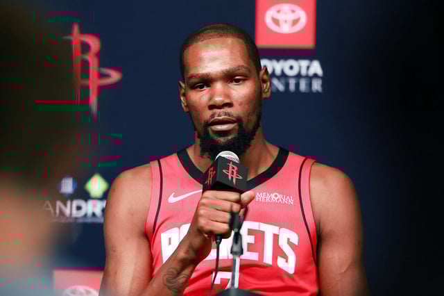 HOUSTON, TEXAS - SEPTEMBER 29: Kevin Durant #7 of the Houston Rockets speaks with the media during NBA Media Day at Toyota Center on September 29, 2025 in Houston, Texas. NOTE TO USER: User expressly acknowledges and agrees that, by downloading and or using this photograph, User is consenting to the terms and conditions of the Getty Images License Agreement. (Photo by Kenneth Richmond/Getty Images)