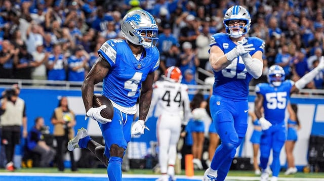 Detroit Lions cornerback D.J. Reed (4) celebrates an interception against Cleveland Browns during the first half at Ford Field in Detroit on Sunday, Sept. 28, 2025.