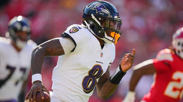 Sep 28, 2025; Kansas City, Missouri, USA; Baltimore Ravens quarterback Lamar Jackson (8) scrambles during the first half against the Kansas City Chiefs at GEHA Field at Arrowhead Stadium. Mandatory Credit: Jay Biggerstaff-Imagn Images