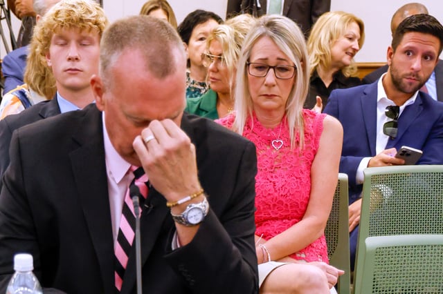 Steve Federico gathers himself as he waits to testify about his daughter Logan Federico, who was murdered, during The House Judiciary Subcommittee on Oversight field hearing on violent crime in Charlotte, N.C., Monday, Sept. 29, 2025. (AP Photo/Nell Redmond)