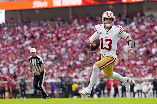 Sep 28, 2025; Santa Clara, California, USA; San Francisco 49ers quarterback Brock Purdy (13) runs the ball during the first half against the Jacksonville Jaguars at Levi's Stadium. Mandatory Credit: Kyle Terada-Imagn Images/ File Photo