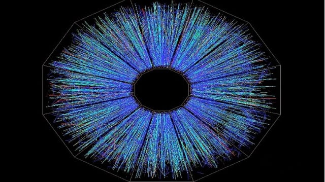 An image of the debris left over after the creation of a quark-gluon plasma in the collision of two nuclei .