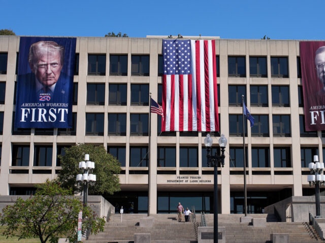 WASHINGTON, DC - AUGUST 25: Images of U.S. President Donald Trump and former President Theodore Roosevelt are displayed on the side of the U.S. Department of Labor on August 25, 2025 in Washington, DC. The Trump administration has deployed federal officers and the National Guard to the District in order to place the DC Metropolitan Police Department under federal control and assist in crime prevention in the nation's capital. (Photo by Kevin Dietsch/Getty Images)