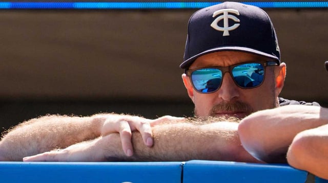 Sep 21, 2025; Minneapolis, Minnesota, USA; Minnesota Twins manager Rocco Baldelli (5) in the dugout in the first inning against the Cleveland Guardians at Target Field. Mandatory Credit: Matt Blewett-Imagn Images