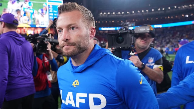 Jan 13, 2025; Glendale, AZ, USA; Los Angeles Rams head coach Sean McVay after the NFC wild card game against the Minnesota Vikings at State Farm Stadium. Mandatory Credit: Joe Camporeale-Imagn Images