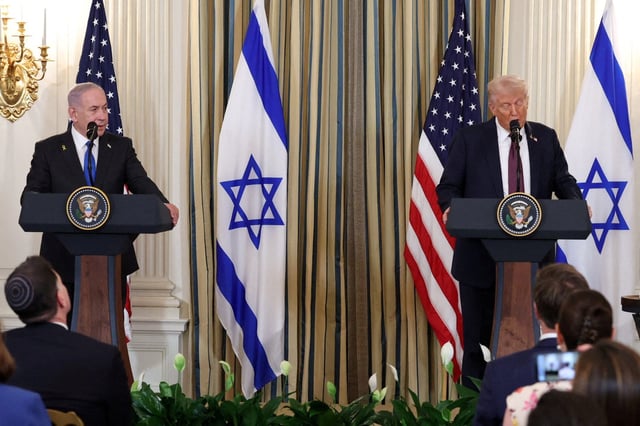 President Donald Trump and Israeli Prime Minister Benjamin Netanyahu hold a joint press conference in the State Dining Room at the White House in Washington, D.C., U.S., September 29, 2025.