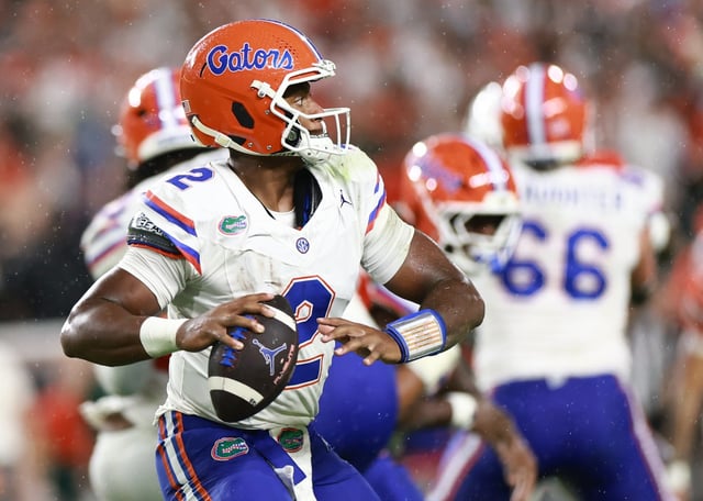 DJ Lagway #2 of the Florida Gators looks to throw against the Miami Hurricanes during the first half at Hard Rock Stadium on Sept. 20, 2025 in Miami Gardens, Florida.  (Photo by Carmen Mandato/Getty Images)