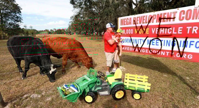 Jimmy Hester, an east Orange County resident who helped lead the resistance to the proposed Sustanee development, surveys his sign after painting a victory message with his son, Noble, 4, and his cows, Dino and Sunset, Wednesday, January 24, 2024. The proposal to build 1,800 homes near rural Lake Pickett was rejected by Orange County commissioners at a marathon meeting Tuesday night. (Joe Burbank/Orlando Sentinel)