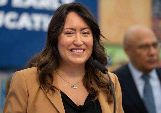 New York City Public Schools Chancellor Melissa Aviles-Ramos speaksduring a press conference announcing  baselining funding annually for critical education programs Wednesday, April 16, 2025   at the DOE headquarters in Manhattan, New York. (Barry Williams/ New York Daily News)