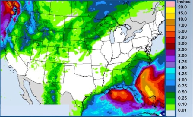 A map from the NWS Weather Prediction Center shows which states will see the most rainfall this week.