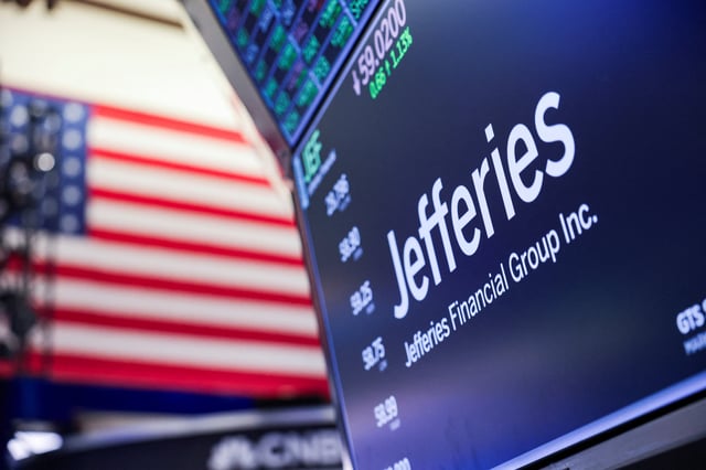 The company logo for Jefferies Financial Group Inc. is displayed on a screen on the floor of the New York Stock Exchange (NYSE) in New York, U.S., July 30, 2025. REUTERS/Jeenah Moon