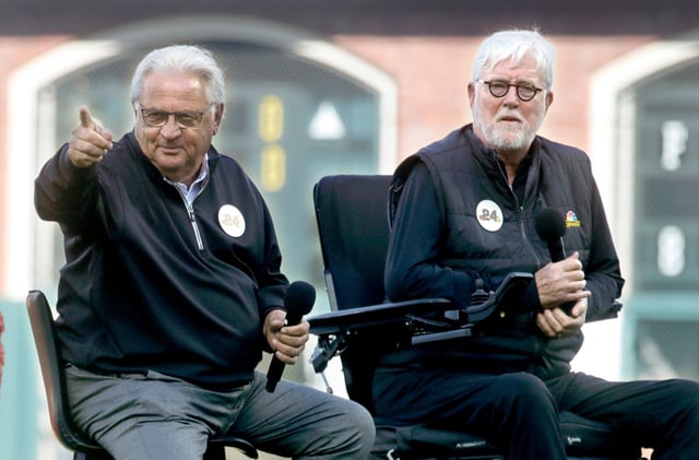 San Francisco Giants announcers Duane Kuiper and Mike Krukow, from left, take part in a tribute to Willie Mays before their MLB game against the Chicago Cubs at Oracle Park in San Francisco, Calif., on Monday, June 24, 2024. Mays died on June 18 at the age of 93. (Jane Tyska/Bay Area News Group)