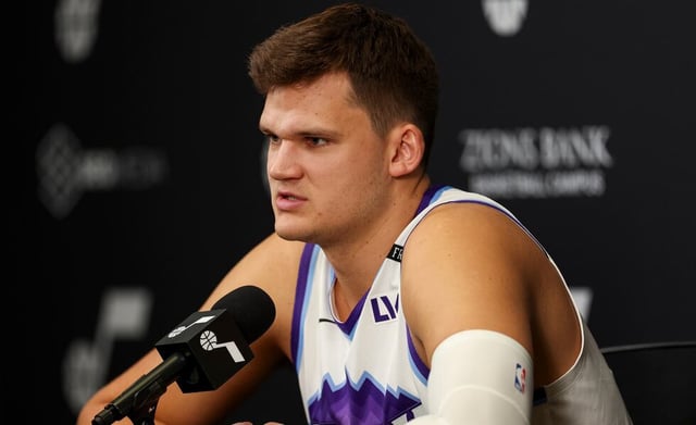 Utah Jazz center Walker Kessler (24) looks on while talking about his contract situation during the Utah Jazz media day at the Zions Bank Basketball Campus in Salt Lake City on Monday, Sept. 29, 2025.