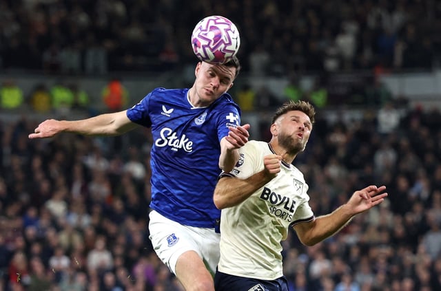 Soccer Football - Premier League - Everton v West Ham United - Hill Dickinson Stadium, Liverpool, Britain - September 29, 2025 Everton's Michael Keane in action with West Ham United's Niclas Fullkrug REUTERS/Scott Heppell