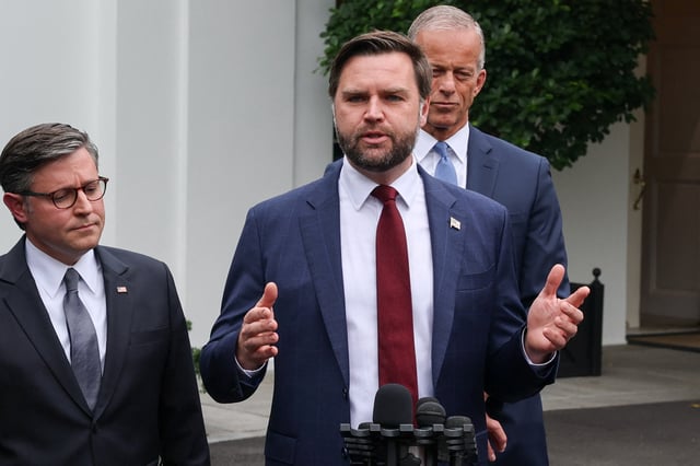 U.S. Vice President JD Vance speaks next to House Speaker Mike Johnson (R-LA) and Senate Majority Leader John Thune (R-SD) on the day U.S. President Donald Trump meets with top congressional leaders from both parties, just ahead of a September 30 deadline to fund the government and avoid a shutdown, at the White House in Washington, D.C., U.S., September 29, 2025. REUTERS/Jonathan Ernst