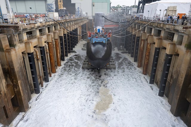 One of the U.S. Navy’s newest attack submarine, the future USS Idaho (SSN 799), launched from General Dynamics Electric Boat’s shipyard into the Thames River, Aug. 6, 2024. (Photo: U.S. Navy)