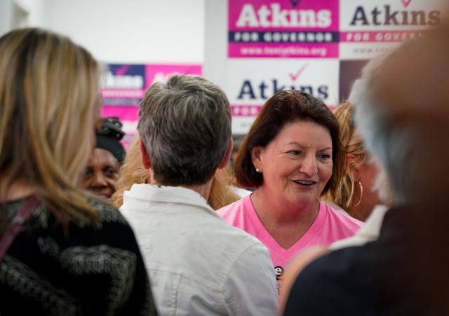 Toni Atkins was greeted by supporters at the opening of her campaign headquarters in San Diego on Saturday, Aug. 9, 2025. The former state Democratic and legislative leader is ending her campaign for governor.   (Howard Lipin / For The San Diego Union-Tribune)