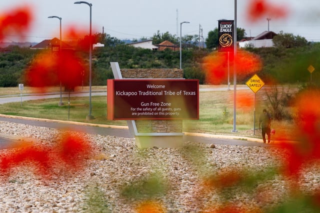 A sign welcoming visitors to Kickapoo Lucky Eagle Casino and declaring the area a “gun-free zone” in Eagle Pass is pictured on Monday, Sept. 29, 2025. Two people were killed and five others were injured in a shooting at the casino late Saturday night.