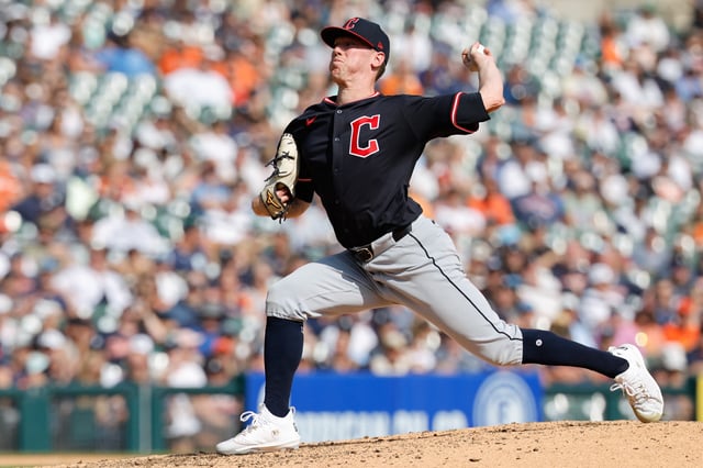 Sep 18, 2025; Detroit, Michigan, USA;  Cleveland Guardians pitcher Kolby Allard (49) pitches in the eighth inning against the Detroit Tigers at Comerica Park. Mandatory Credit: Rick Osentoski-Imagn Images/ File Photo