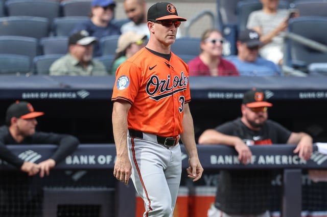 Sep 27, 2025; Bronx, New York, USA;  Baltimore Orioles interim manager Tony Mansolino (36) comes out to make a pitching change in the fifth inning against the New York Yankees at Yankee Stadium. Mandatory Credit: Wendell Cruz-Imagn Images/ File Photo