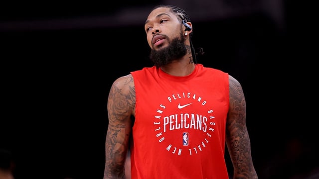 Oct 15, 2024; Houston, Texas, USA; New Orleans Pelicans forward Brandon Ingram (14) prior to the game against the Houston Rockets at Toyota Center. Mandatory Credit: Erik Williams-Imagn Images