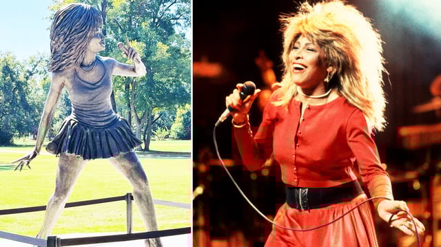 Newly unveiled statue of Tina Turner in Brownsville, TN, and Tina Turner on stage in 1987.