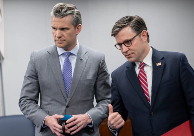 Secretary of Defense Pete Hegseth hosts Speaker of the House Rep. Mike Johnson and members of Congress for a visit at the Pentagon, Washington, D.C., April 3, 2025. (DOD photo by U.S. Navy Petty Officer 1st Class Alexander Kubitza)