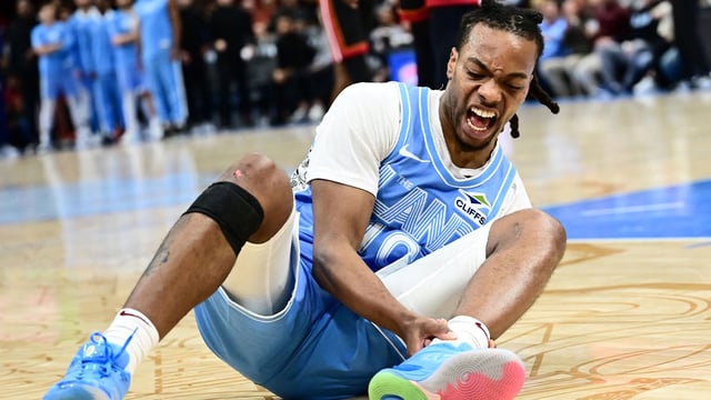 Mar 5, 2025; Cleveland, Ohio, USA; Cleveland Cavaliers guard Darius Garland (10) reacts after falling during a play in the second half against the Miami Heat at Rocket Arena. Mandatory Credit: Ken Blaze-Imagn Images