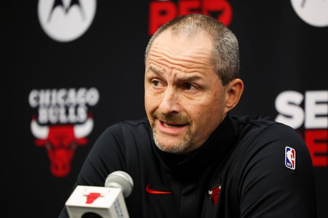 Bulls executive vice president of basketball operations Artūras Karnišovas answers questions at a news conference during media day at the United Center on Monday, Sept. 29, 2025. (Eileen T. Meslar/Chicago Tribune)