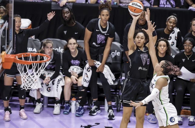 Valkyries forward Janelle Salaün shoots a 3-point basket in the first half as Golden State played the Minnesota Lynx at SAP Center in Game 2 of their WNBA first-round playoff series. 