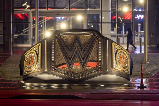 STAMFORD, CONNECTICUT - JANUARY 28: A WWE logo shines from the WWE wrestling world headquarters on January 28, 2024 in Stamford, Connecticut. WWE founder Vince McMahon resigned from the WWE and its parent company TKO as executive chairman and board of directors following allegations of sexual assault in a Connecticut lawsuit. A former employee Janel Grant accused McMahon, 78, of sexual assault and sexually trafficking her.
