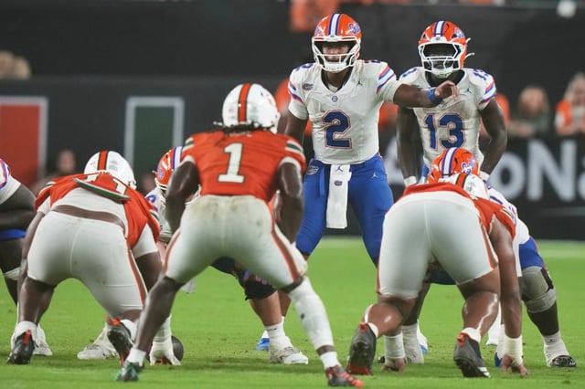 Florida quarterback DJ Lagway (2) calls a play during the second half of an NCAA college football game against Miami, Saturday, Sept. 20, 2025, in Miami Gardens, Fla. (Lynne Sladky/The Associated Press)