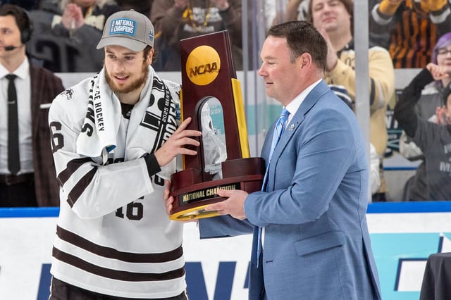 12 Apr 25: The Western Michigan University Broncos play against the Boston University Terriers in the National Championship game of the 2025 Division I Men’s Frozen Four at Enterprise Center in St. Louis, MO.